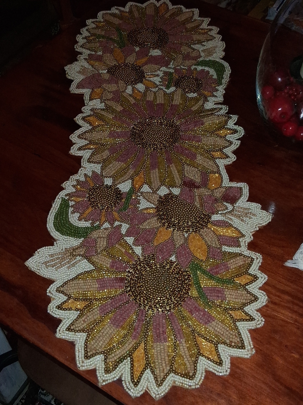 Hello FALL! Hand Beaded Table Runner  Sunflowers, Gold, Burgandy, White, Green
